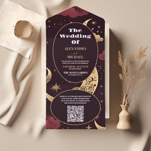 QR Code Elegant Burgundy Gold Celestial Wedding All In One Invitation