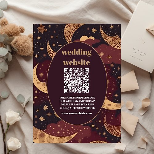 qr code Elegant Burgundy Gold Celestial Wedding Enclosure Card