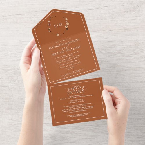 QR Code Elegant Burnt Orange Floral Crest Monogram All In One Invitation