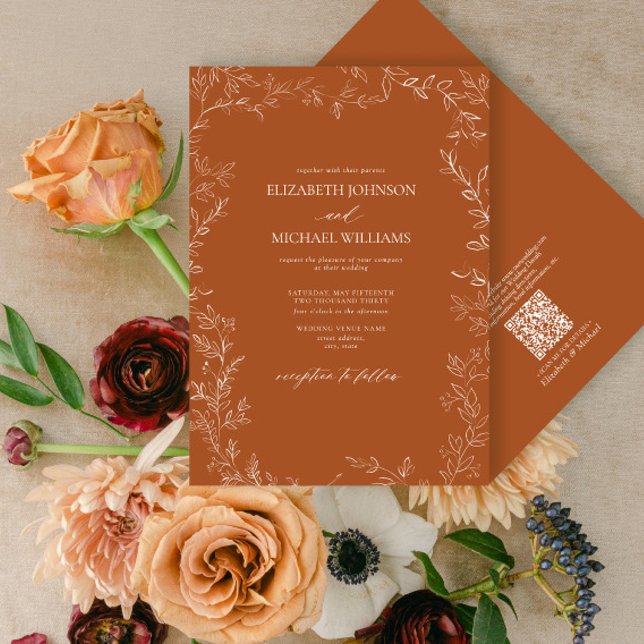 QR Code Elegant Burnt Orange Minimal Leaf Wedding Invitation (Creator Uploaded)