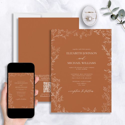 QR Code Elegant Burnt Orange Minimal Leaf Wedding Invitation