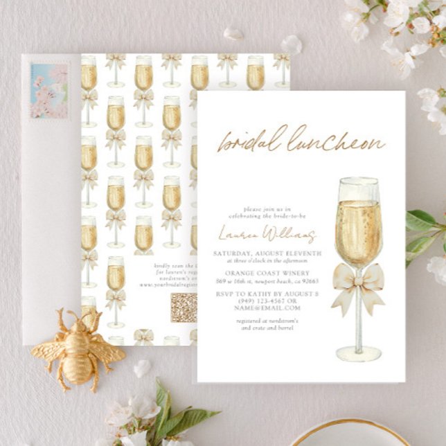 QR Code Elegant Champagne Chic Bow Bridal Luncheon Invitation (Creator Uploaded)