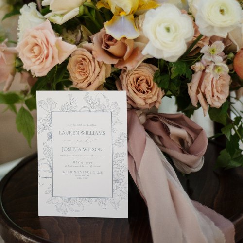 QR Code Elegant Dusty Blue Floral Line Art Wedding Invitation