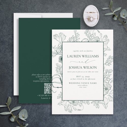 QR Code Elegant Emerald Green Floral Line Art Invitation