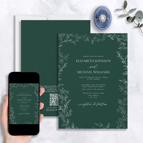 QR Code Elegant Emerald Green Minimal Leaf Wedding Invitation
