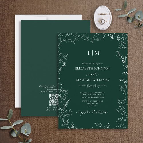QR Code Elegant Emerald Green Monogram Wedding Invitation