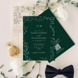 QR Code Elegant Emerald Green Monogram Wedding Invitation