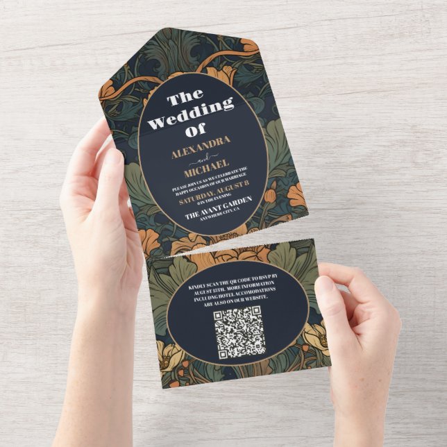 QR Code Elegant Floral Art Nouveau Wedding All In One Invitation (Tearaway)