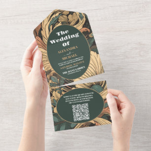 QR Code Elegant Floral Art Nouveau Wedding All In One Invitation