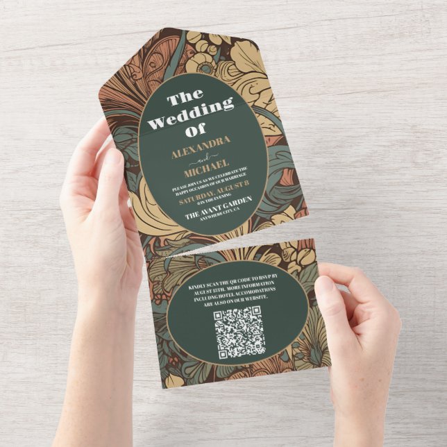 QR Code Elegant Floral Art Nouveau Wedding All In One Invitation (Tearaway)