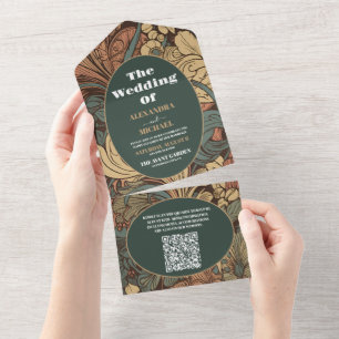 QR Code Elegant Floral Art Nouveau Wedding All In One Invitation