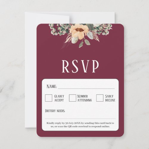 QR Code elegant floral burgundy RSVP Card