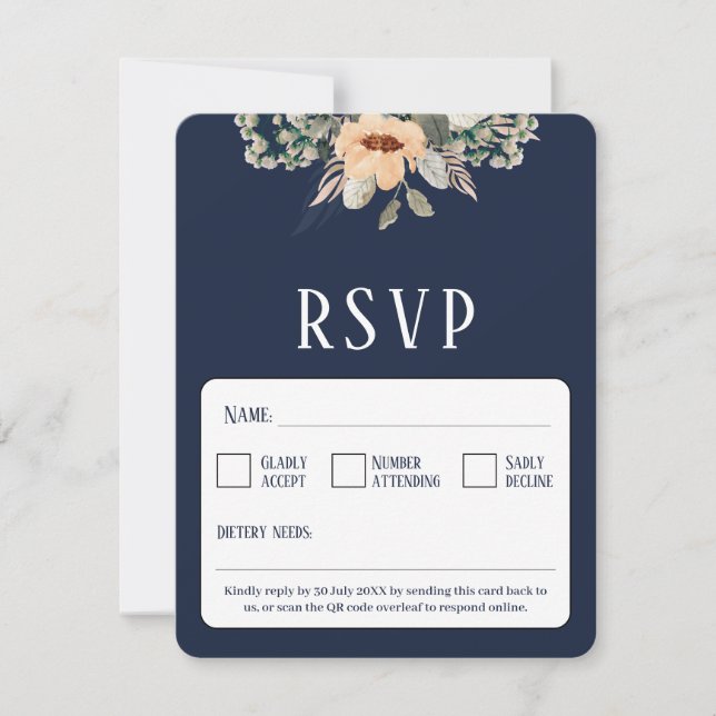 QR Code elegant floral dark blue RSVP Card (Front)