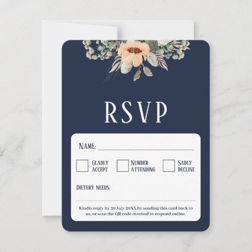 QR Code elegant floral dark blue RSVP Card