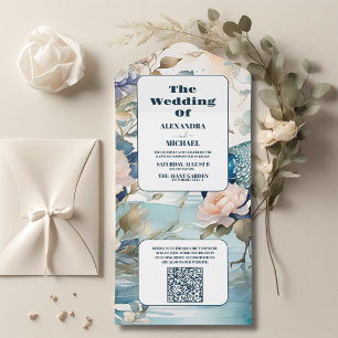 QR Code Elegant Floral Peacock Chinoiserie Wedding All In One Invitation
