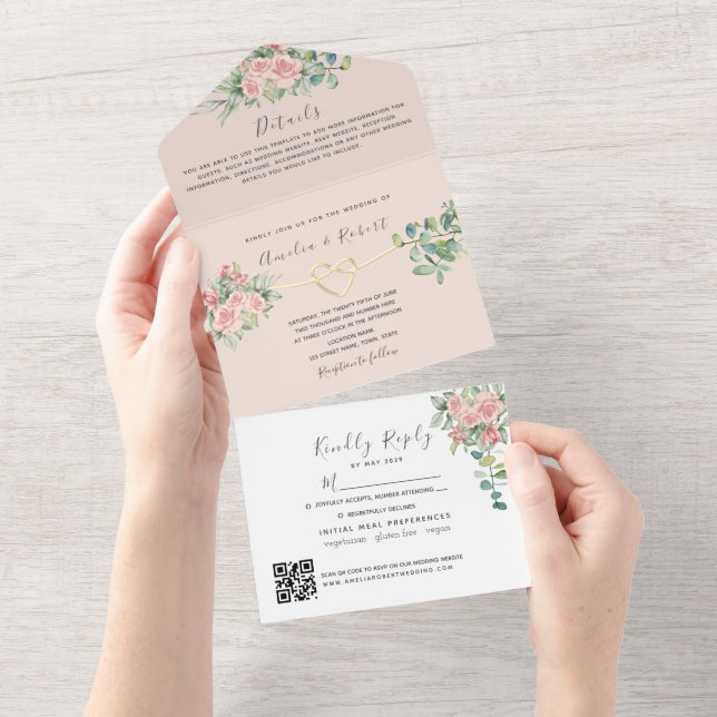 QR Code Elegant Floral Wedding All In One Invitation (Tearaway)