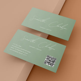QR Code Elegant Full Sage Green Handwritten Script Business Card