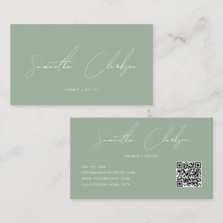 QR Code Elegant Full Sage Green Handwritten Script Business Card
