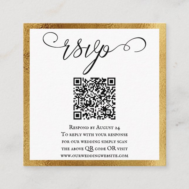 QR Code Elegant Gold Black White Wedding RSVP Enclosure Card (Front)