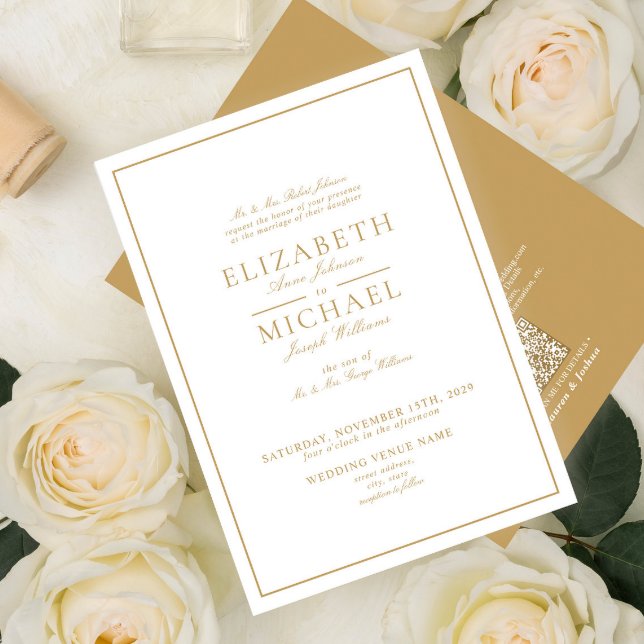 QR Code Elegant Gold Classic Script Wedding Invitation (Creator Uploaded)
