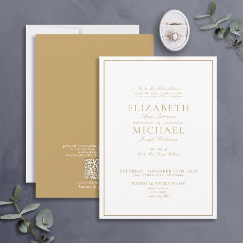 QR Code Elegant Gold Classic Script Wedding Invitation