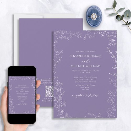 QR Code Elegant Lavender Minimal Leaf Wedding Invitation