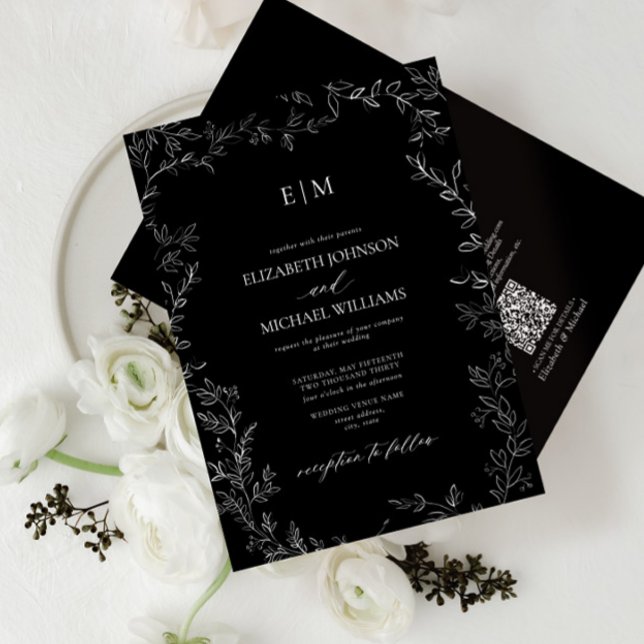 QR Code Elegant Leaf Black White Monogram Wedding Invitation (Creator Uploaded)
