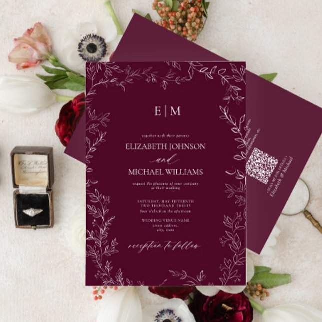 QR Code Elegant Leaf Burgundy Monogram Wedding Invitation (Creator Uploaded)
