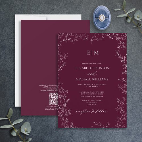 QR Code Elegant Leaf Burgundy Monogram Wedding Invitation