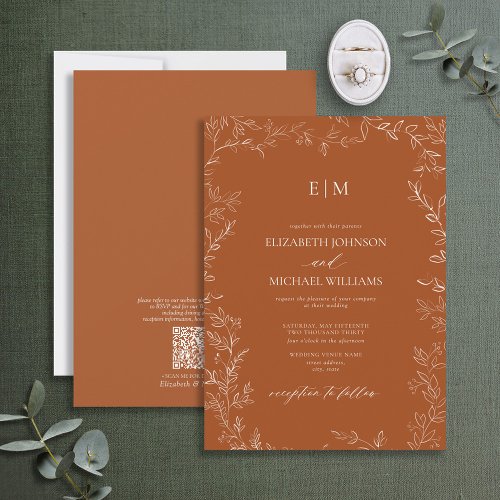 QR Code Elegant Leaf Burnt Orange Monogram Wedding Invitation