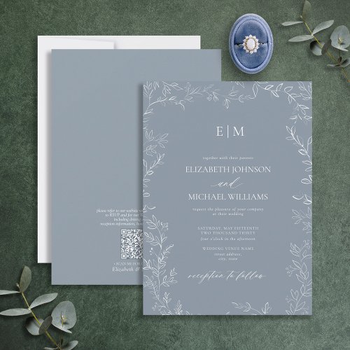 QR Code Elegant Leaf Dusty Blue Monogram Wedding Invitation