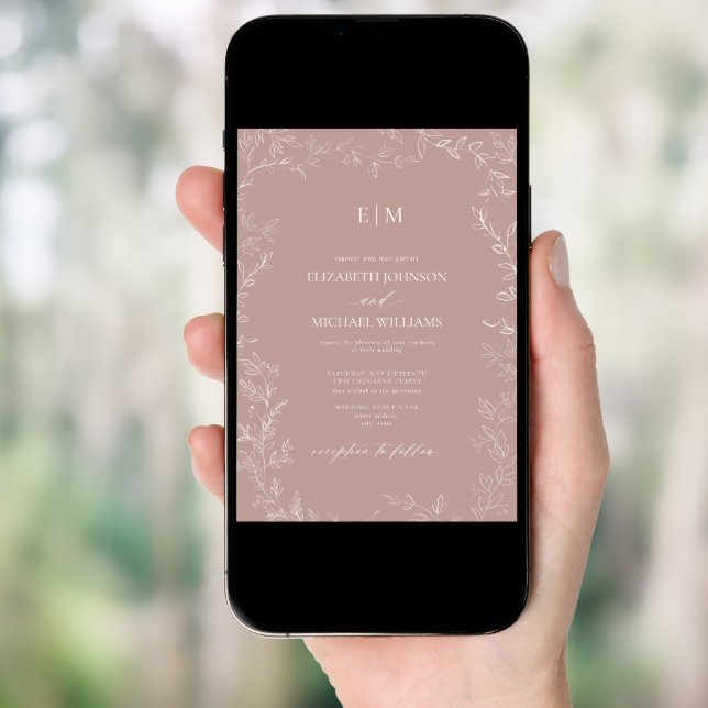 QR Code Elegant Leaf Dusty Rose Monogram Wedding Invitation (Front Digital)