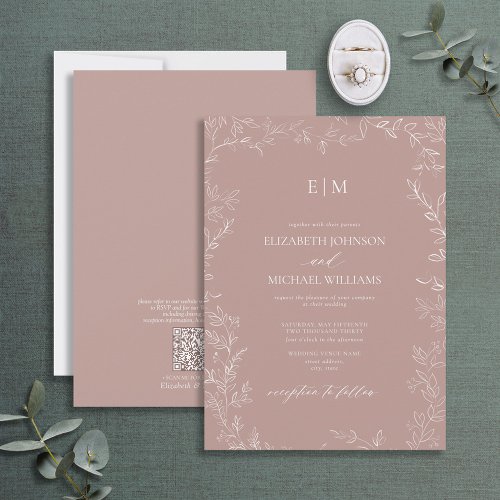 QR Code Elegant Leaf Dusty Rose Monogram Wedding Invitation