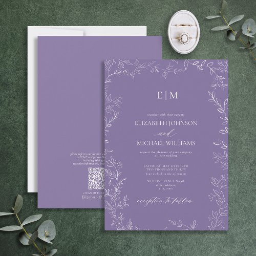 QR Code Elegant Leaf Lavender Monogram Wedding Invitation