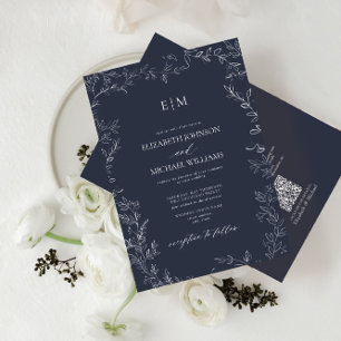 QR Code Elegant Leaf Navy Blue Monogram Wedding Invitation