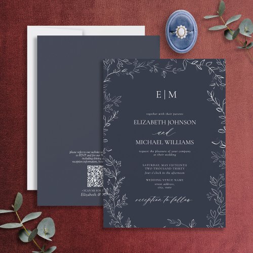 QR Code Elegant Leaf Navy Blue Monogram Wedding Invitation