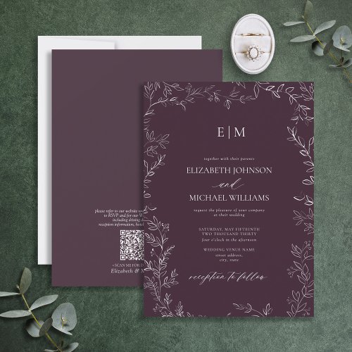 QR Code Elegant Leaf Plum Purple Monogram Wedding Invitation