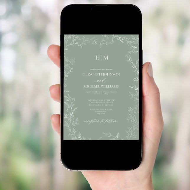 QR Code Elegant Leaf Sage Green Monogram Wedding Invitation (Front Digital)
