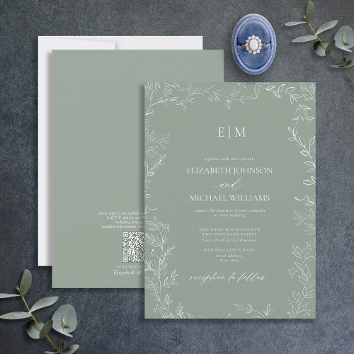 QR Code Elegant Leaf Sage Green Monogram Wedding Invitation