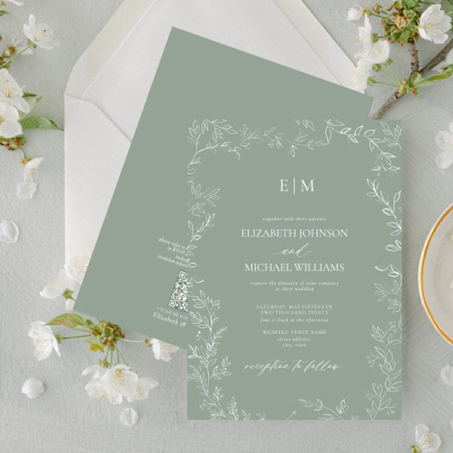 QR Code Elegant Leaf Sage Green Monogram Wedding Invitation (Creator Uploaded)