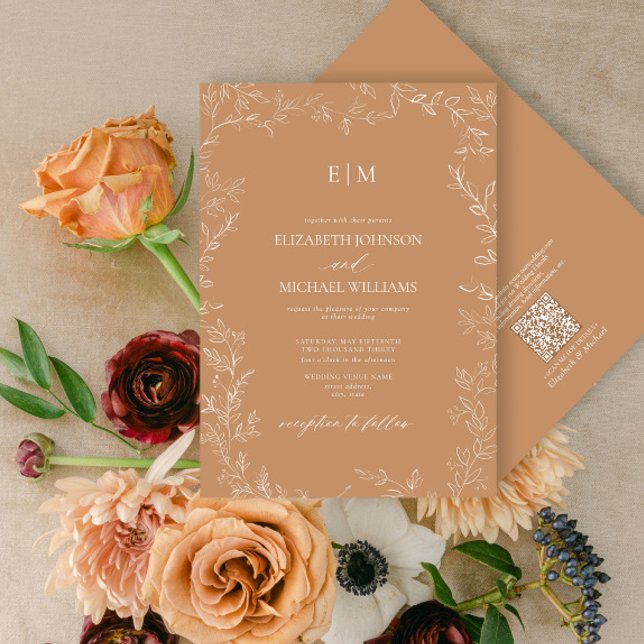 QR Code Elegant Leaf Terracotta Monogram Wedding Invitation (Creator Uploaded)