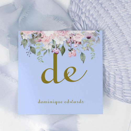 QR Code Elegant Light Blue Floral Cosmetics    Square Business Card