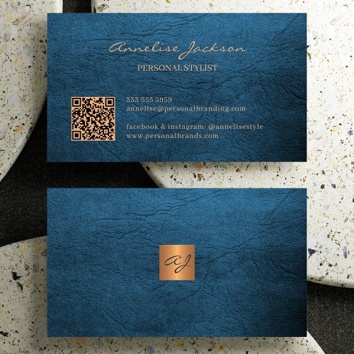 QR code elegant luxury blue leather gold monogram  Business Card