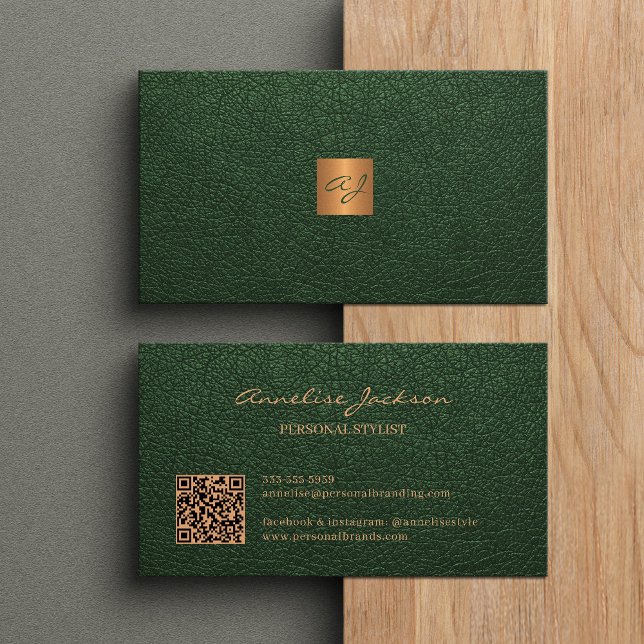 QR code elegant luxury green gold monogram  Business Card (Creator Uploaded)