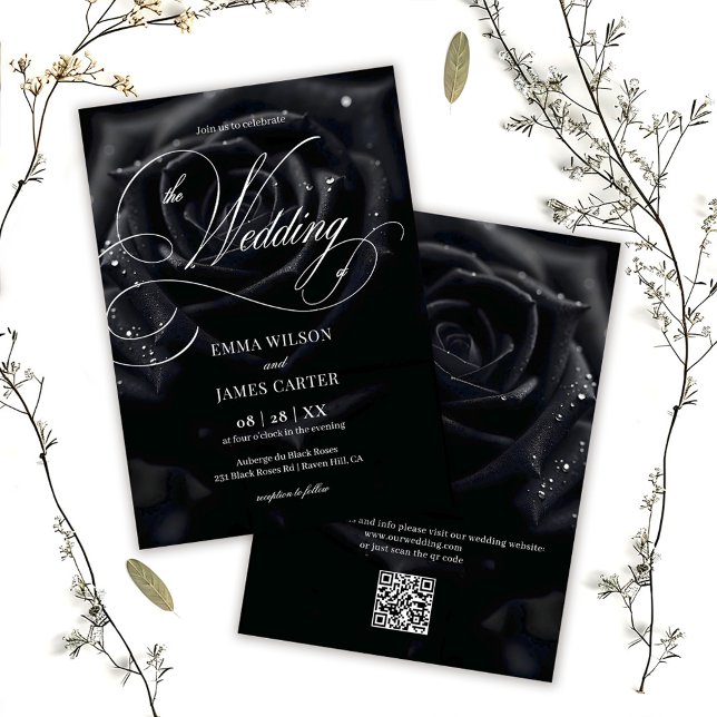 QR Code Elegant Midnight Rose Calligraphy Wedding Invitation (Creator Uploaded)