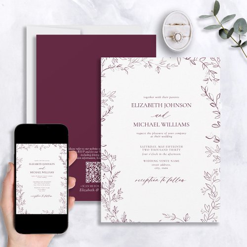 QR Code Elegant Minimal Leaf Burgundy Wedding Invitation