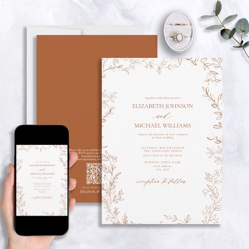 QR Code Elegant Minimal Leaf Burnt Orange Wedding Invitation