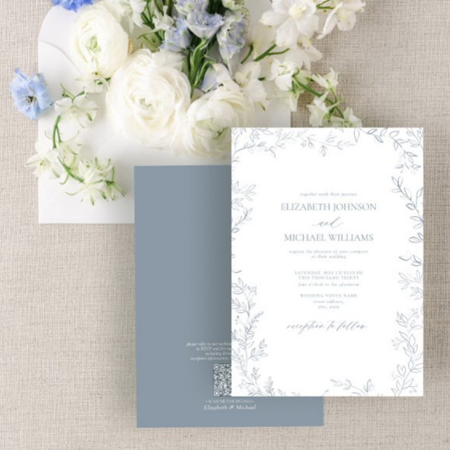 QR Code Elegant Minimal Leaf Dusty Blue Wedding Invitation (Creator Uploaded)