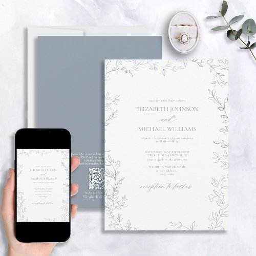QR Code Elegant Minimal Leaf Dusty Blue Wedding Invitation