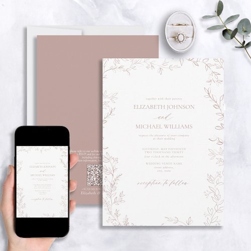QR Code Elegant Minimal Leaf Dusty Rose Wedding Invitation